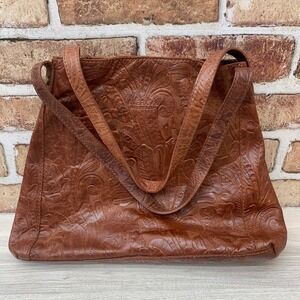 VTG American Leather Co Tote Bag Embossed Floral Brown Leather Shoulder Bag